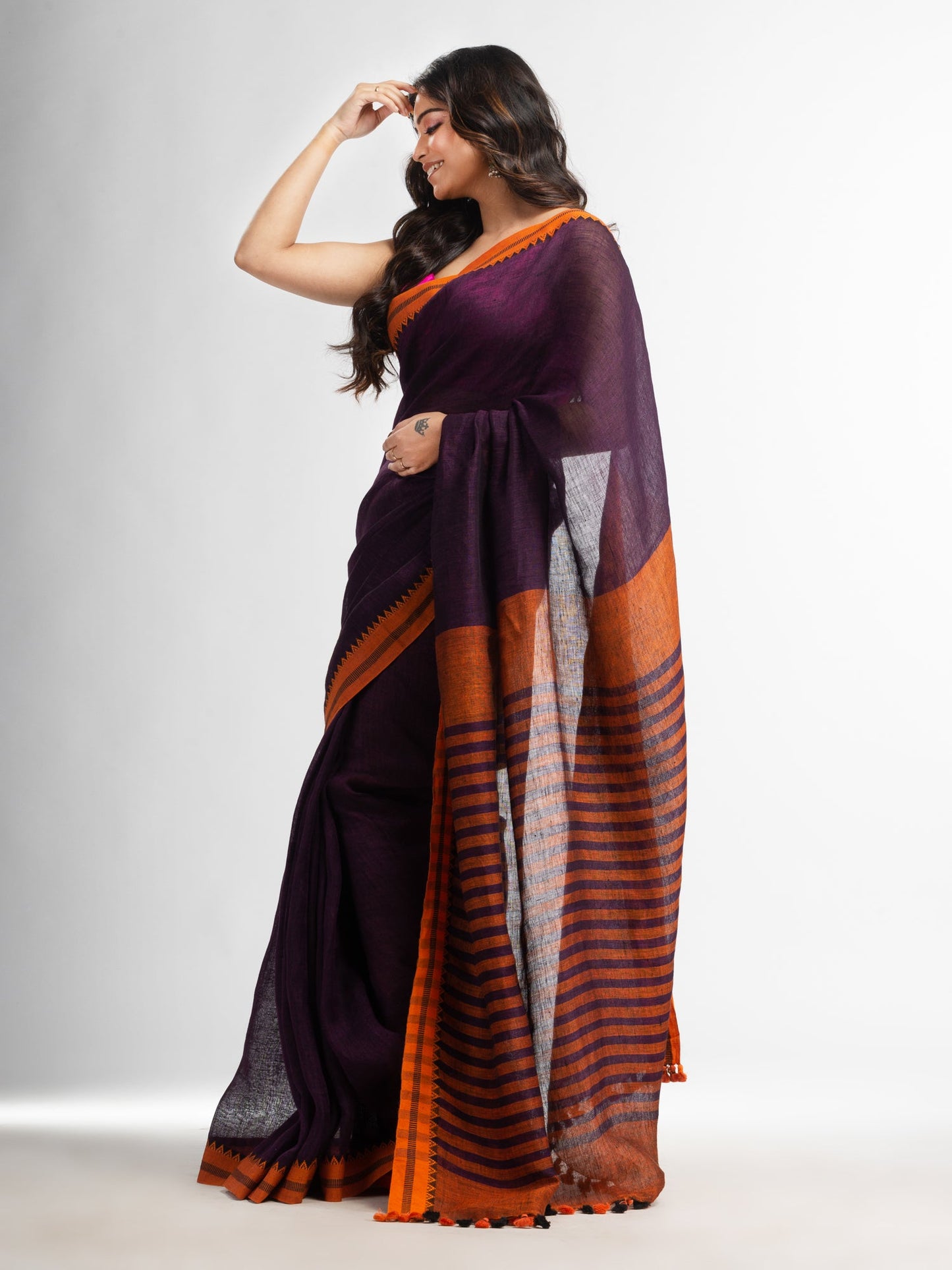 Women's Purple with multe colour pallu in jacquard design Handwoven linen Saree