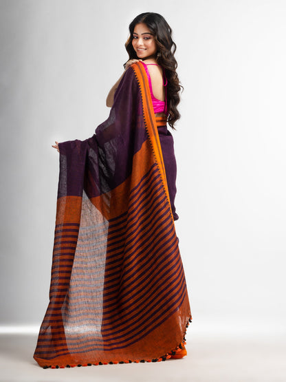 Women's Purple with multe colour pallu in jacquard design Handwoven linen Saree
