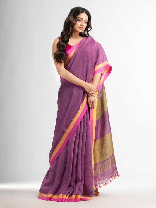 Women's Lipgloss pink in multe colour border handwoven linen saree
