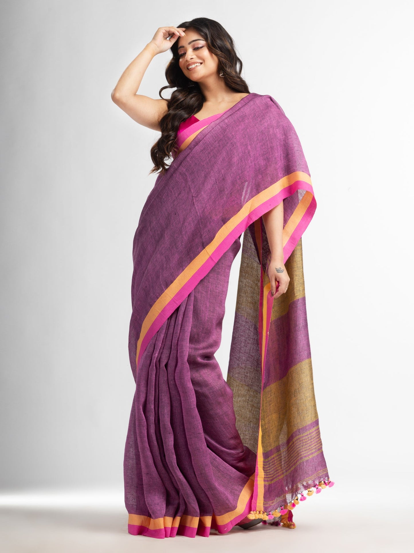 Women's Lipgloss pink in multe colour border handwoven linen saree