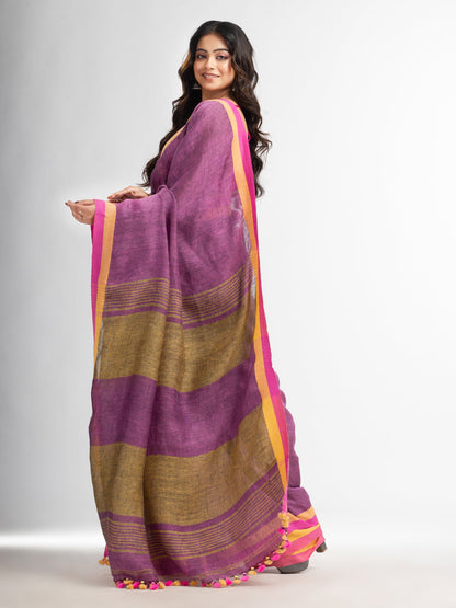 Women's Lipgloss pink in multe colour border handwoven linen saree