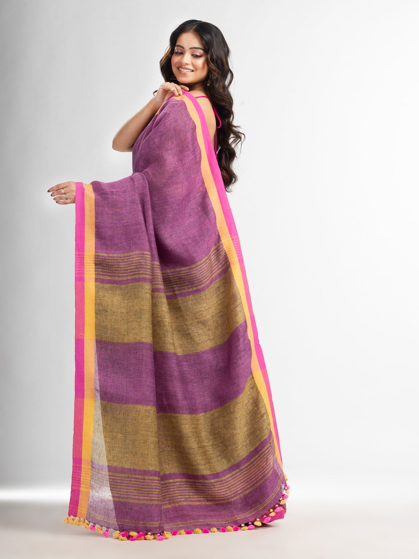 Women's Lipgloss pink in multe colour border handwoven linen saree
