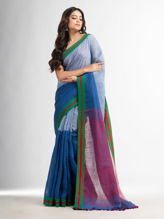 Women's Blue and white half and half red Pallu in multe colour border handwoven linen saree