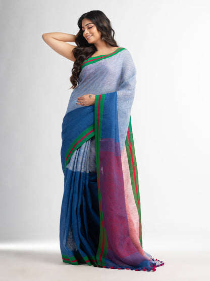 Women's Blue and white half and half red Pallu in multe colour border handwoven linen saree