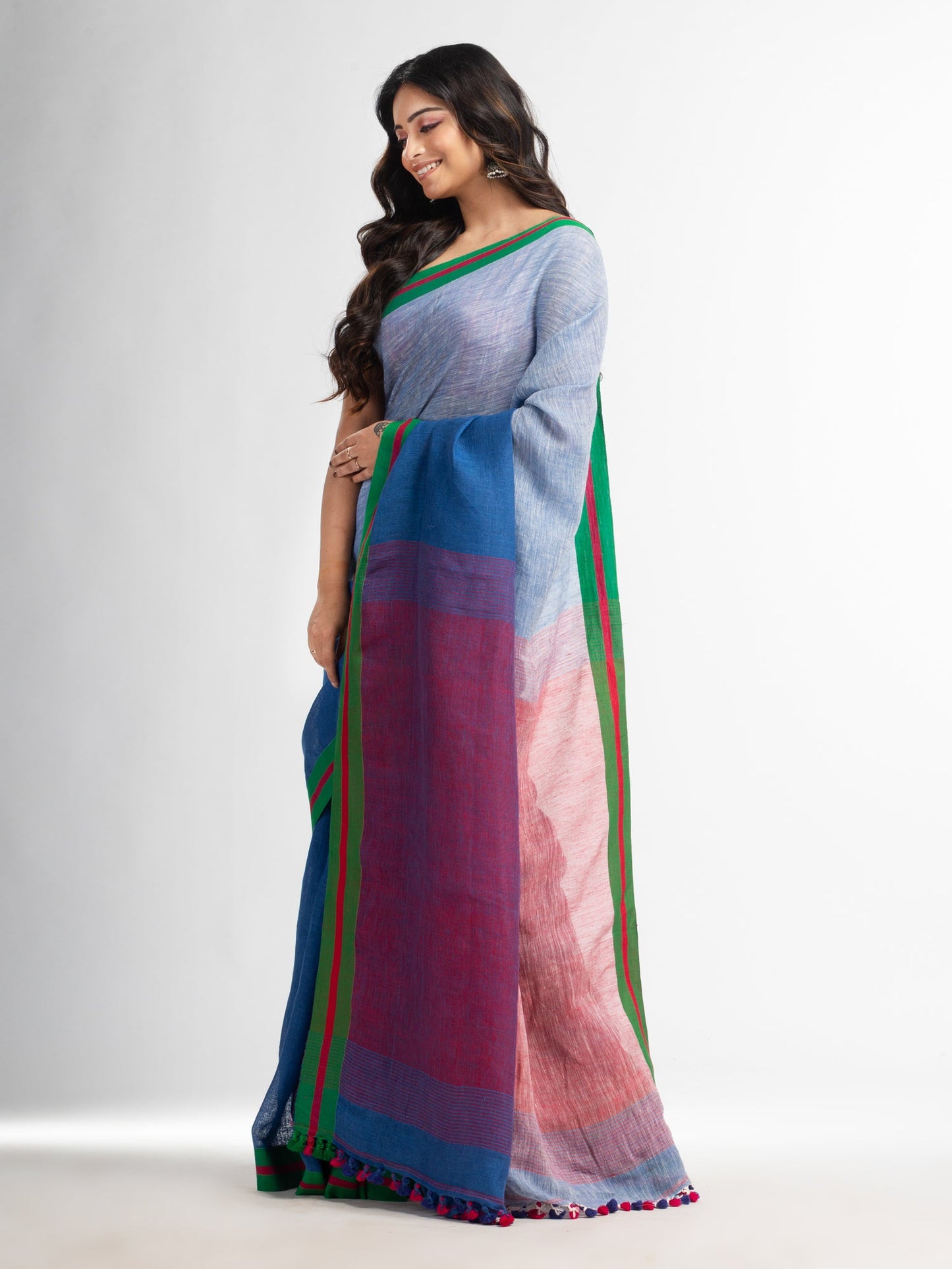 Women's Blue and white half and half red Pallu in multe colour border handwoven linen saree