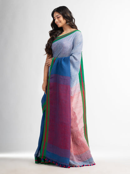 Women's Blue and white half and half red Pallu in multe colour border handwoven linen saree