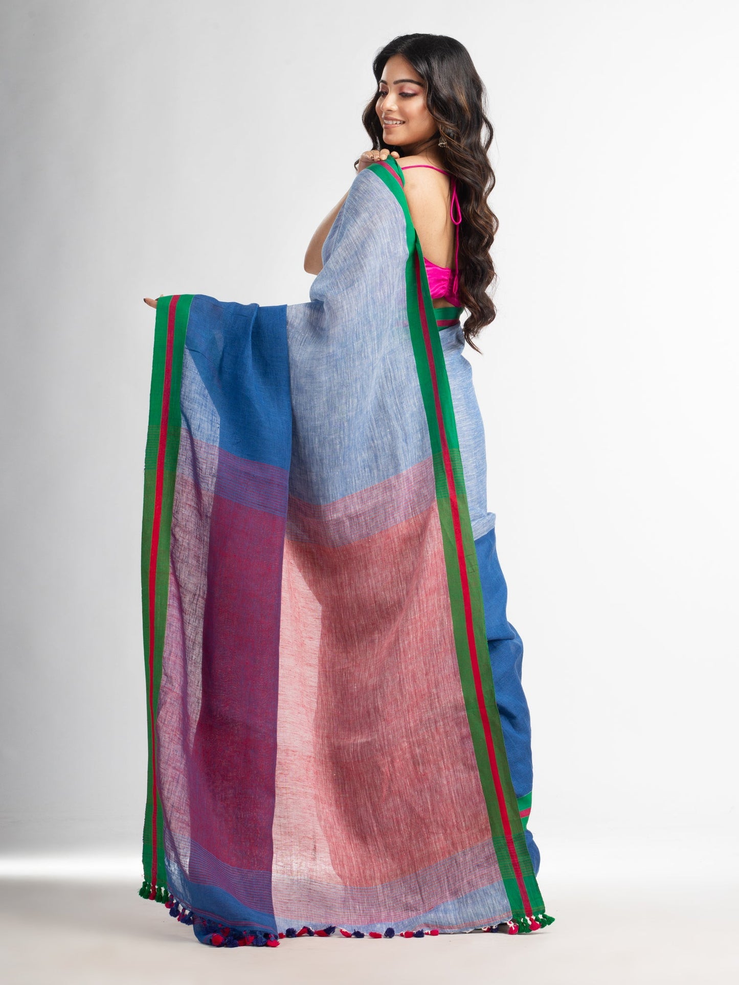 Women's Blue and white half and half red Pallu in multe colour border handwoven linen saree