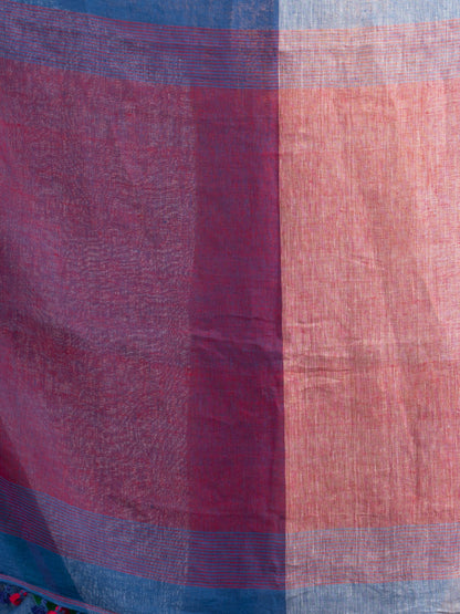 Women's Blue and white half and half red Pallu in multe colour border handwoven linen saree