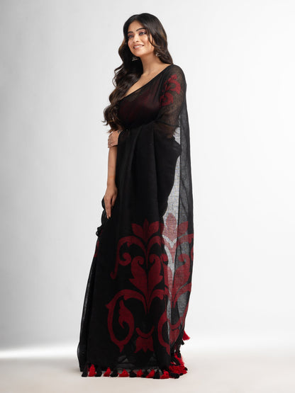 Women's Black jamdani handwoven linen saree