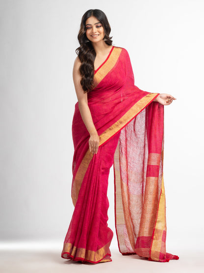 Women's Rani all body jacquard weaving silver zari pallu with gold zari border handwoven linen saree