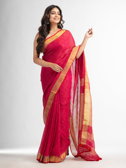 Women's Rani all body jacquard weaving silver zari pallu with gold zari border handwoven linen saree