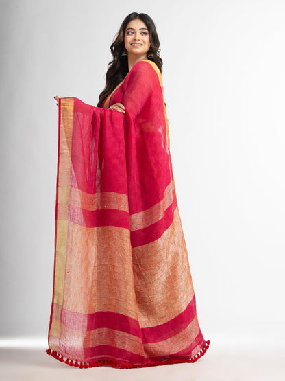 Women's Rani all body jacquard weaving silver zari pallu with gold zari border handwoven linen saree