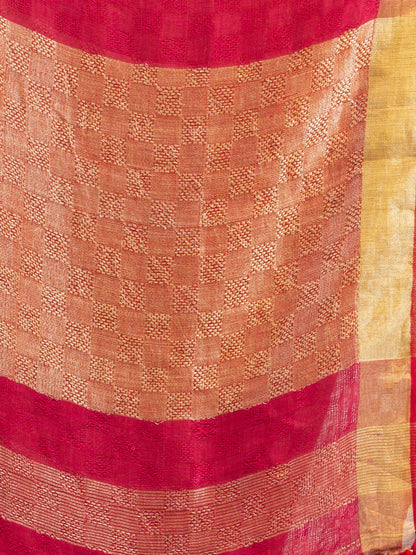 Women's Rani all body jacquard weaving silver zari pallu with gold zari border handwoven linen saree