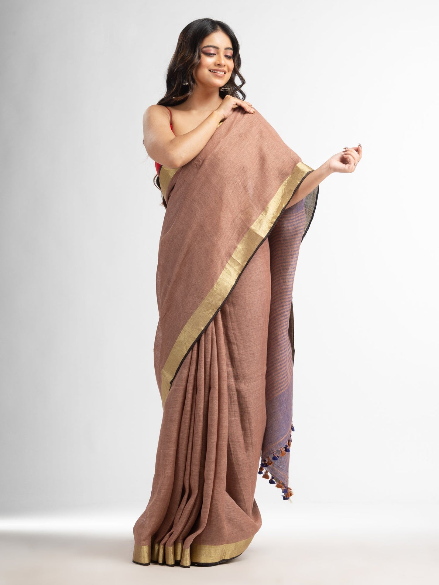 Women's Mauve multi colour pallu gold zari border handwoven saree
