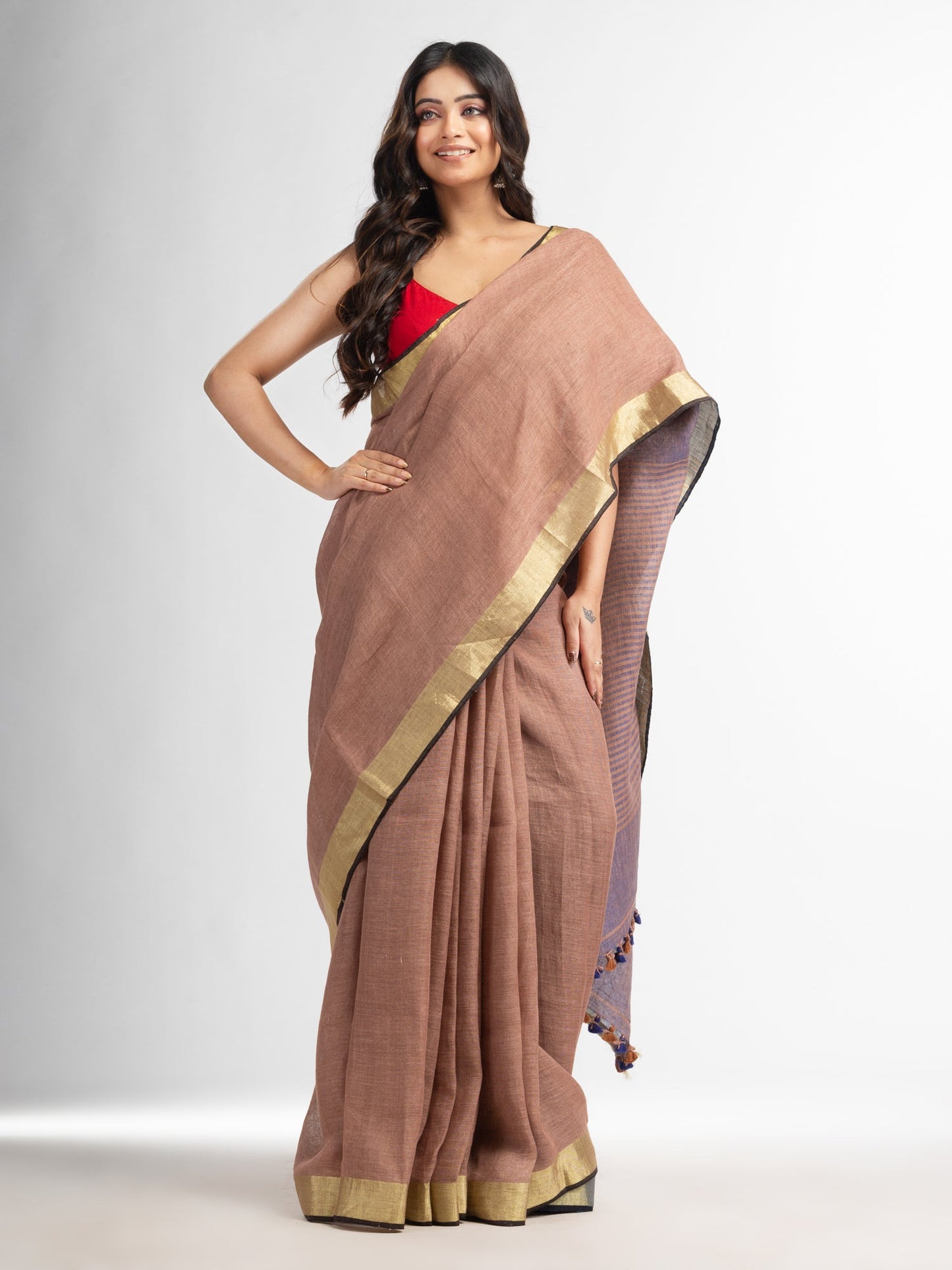 Women's Mauve multi colour pallu gold zari border handwoven saree