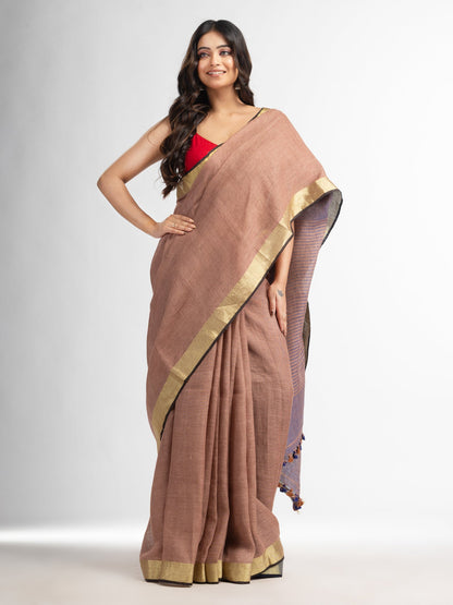 Women's Mauve multi colour pallu gold zari border handwoven saree