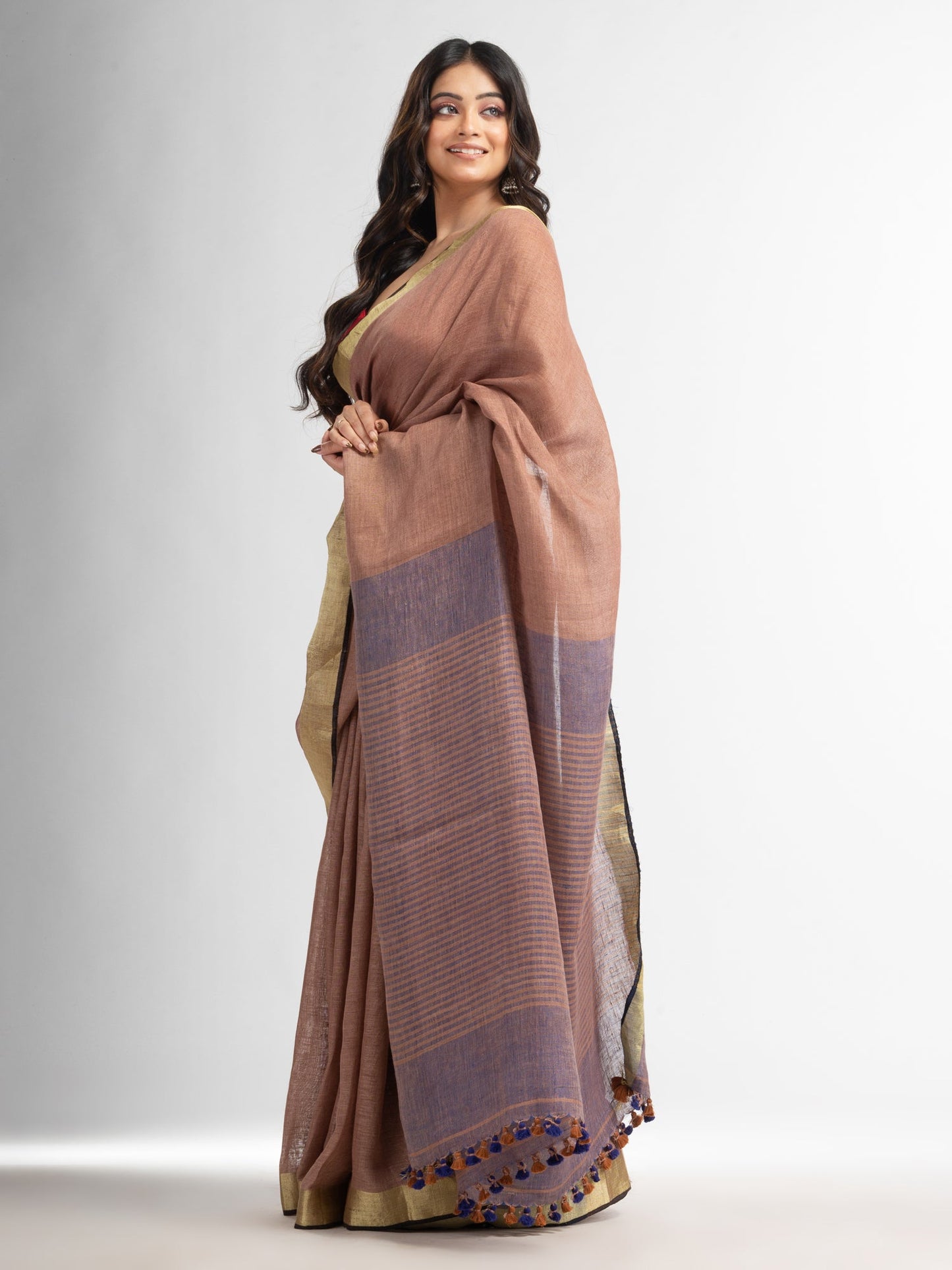 Women's Mauve multi colour pallu gold zari border handwoven saree
