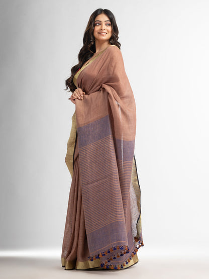 Women's Mauve multi colour pallu gold zari border handwoven saree
