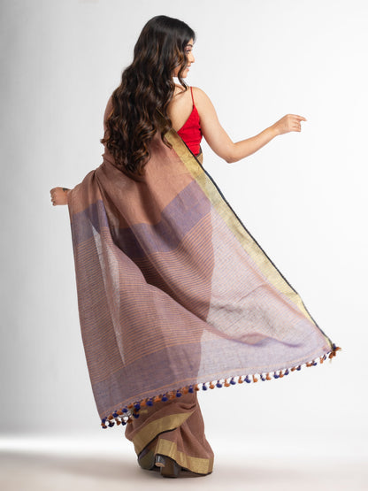 Women's Mauve multi colour pallu gold zari border handwoven saree