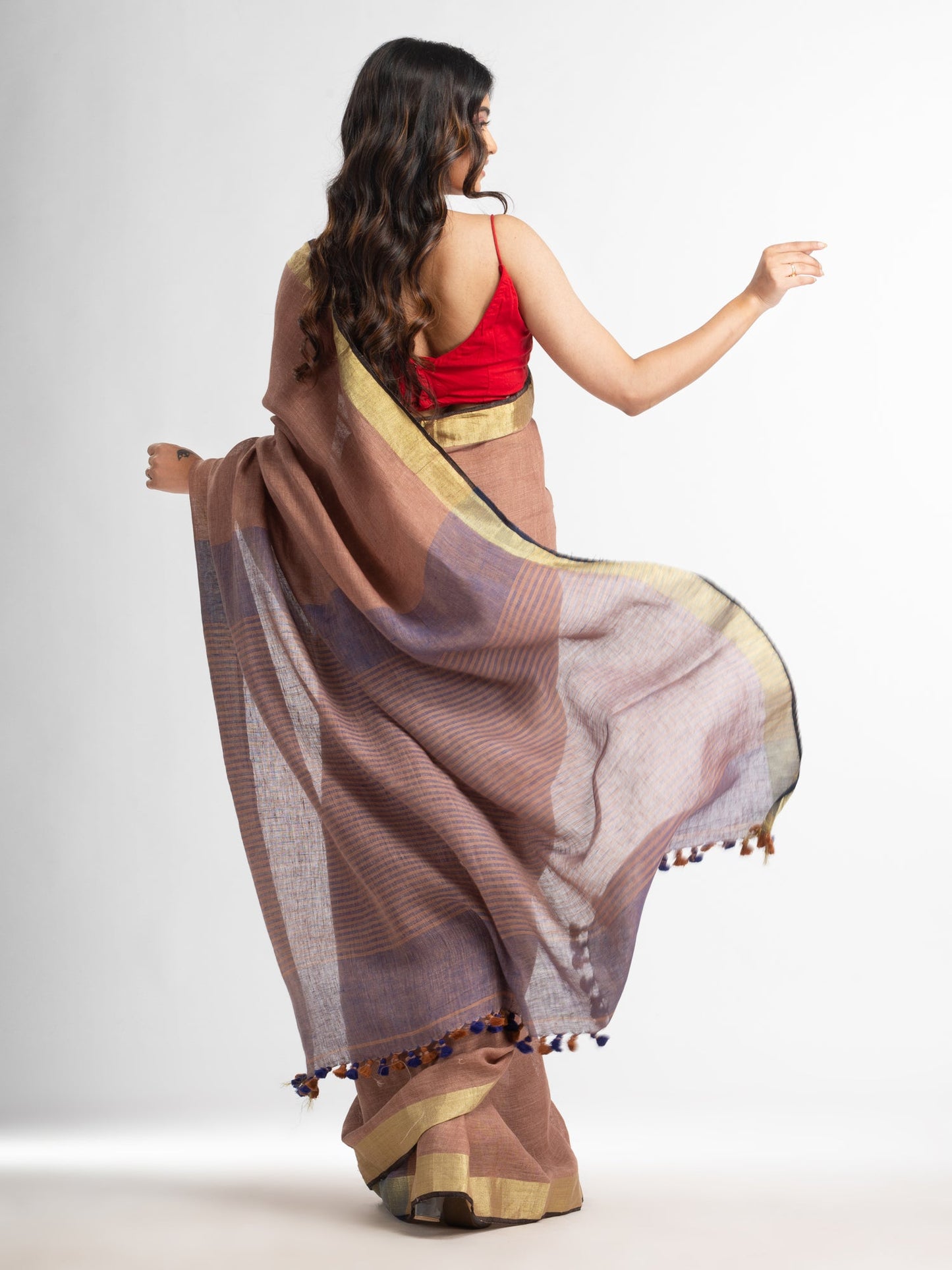 Women's Mauve multi colour pallu gold zari border handwoven saree
