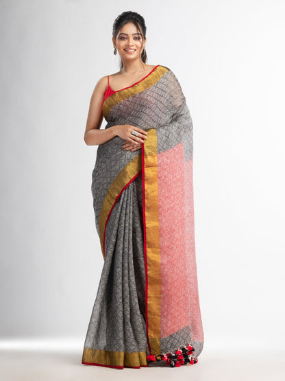 Women's grey all body jacquard weaving red pallu with gold zari border handwoven linen saree