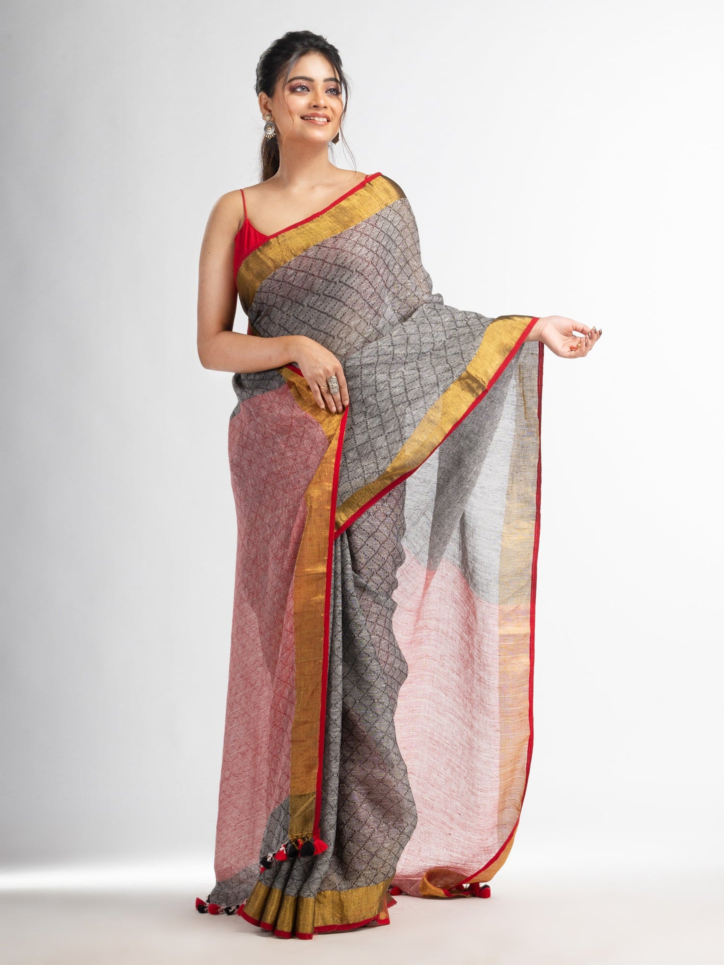 Women's grey all body jacquard weaving red pallu with gold zari border handwoven linen saree