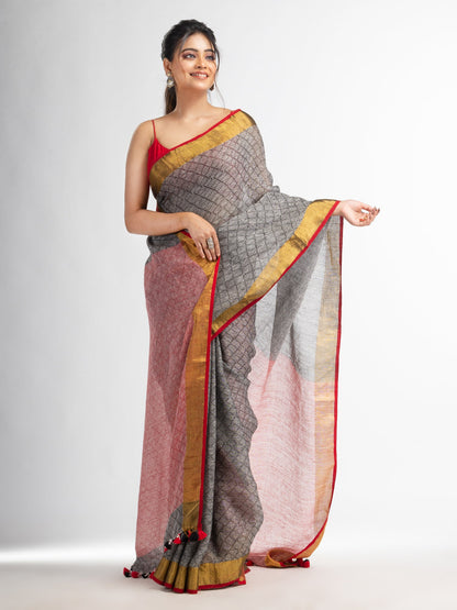 Women's grey all body jacquard weaving red pallu with gold zari border handwoven linen saree