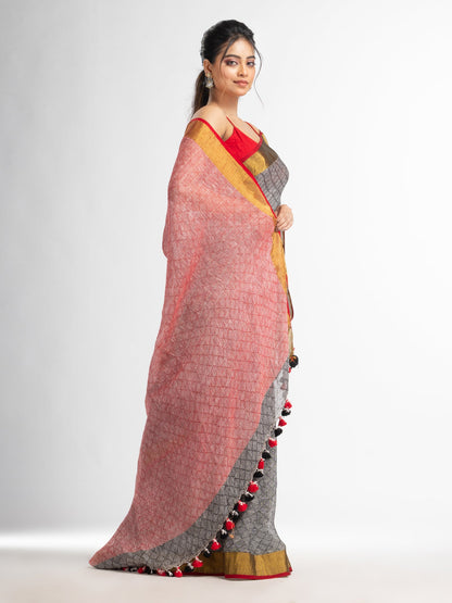 Women's grey all body jacquard weaving red pallu with gold zari border handwoven linen saree