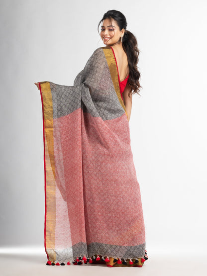 Women's grey all body jacquard weaving red pallu with gold zari border handwoven linen saree