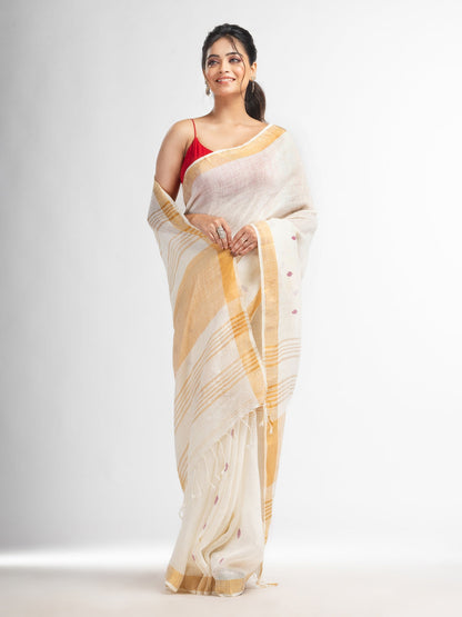 Women's white half body buti with gold zari pallu in gold zari border handwoven linen saree