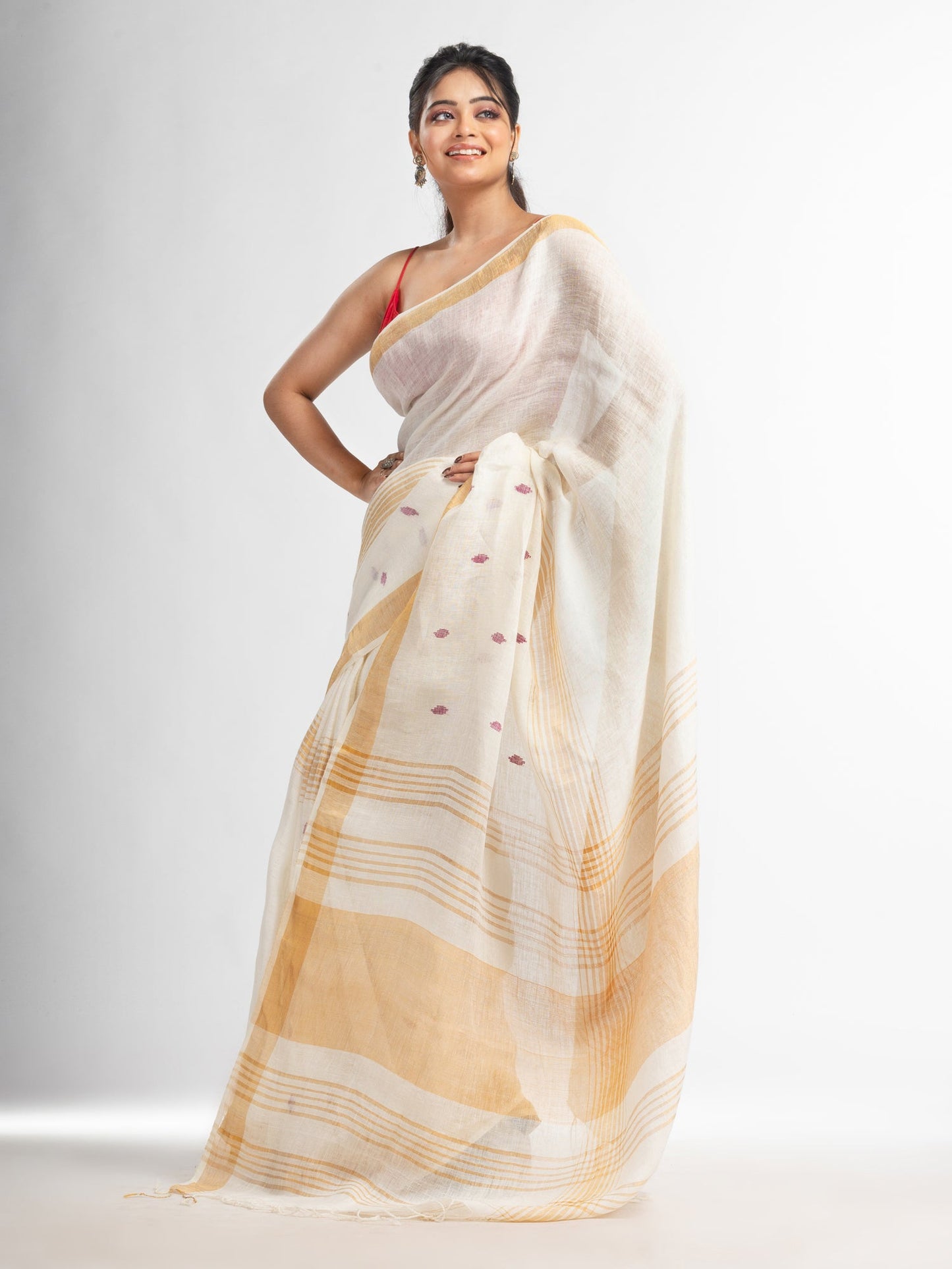 Women's white half body buti with gold zari pallu in gold zari border handwoven linen saree