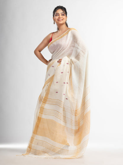 Women's white half body buti with gold zari pallu in gold zari border handwoven linen saree
