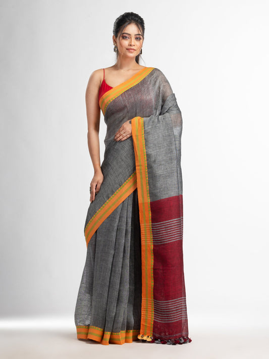 Women's Grey with red pallu in jacquard boeder handwoven linen saree