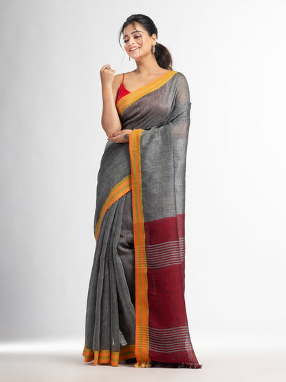 Women's Grey with red pallu in jacquard boeder handwoven linen saree