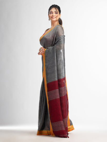 Women's Grey with red pallu in jacquard boeder handwoven linen saree