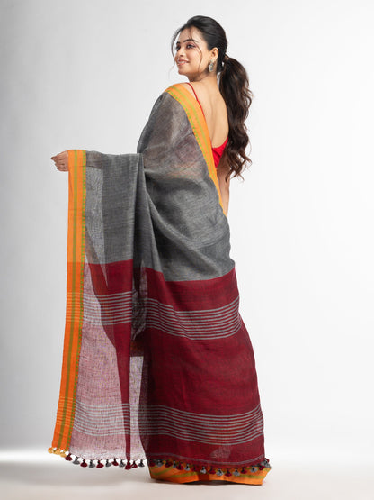 Women's Grey with red pallu in jacquard boeder handwoven linen saree