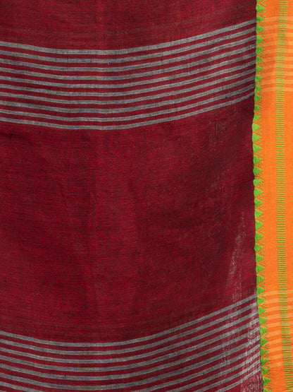 Women's Grey with red pallu in jacquard boeder handwoven linen saree