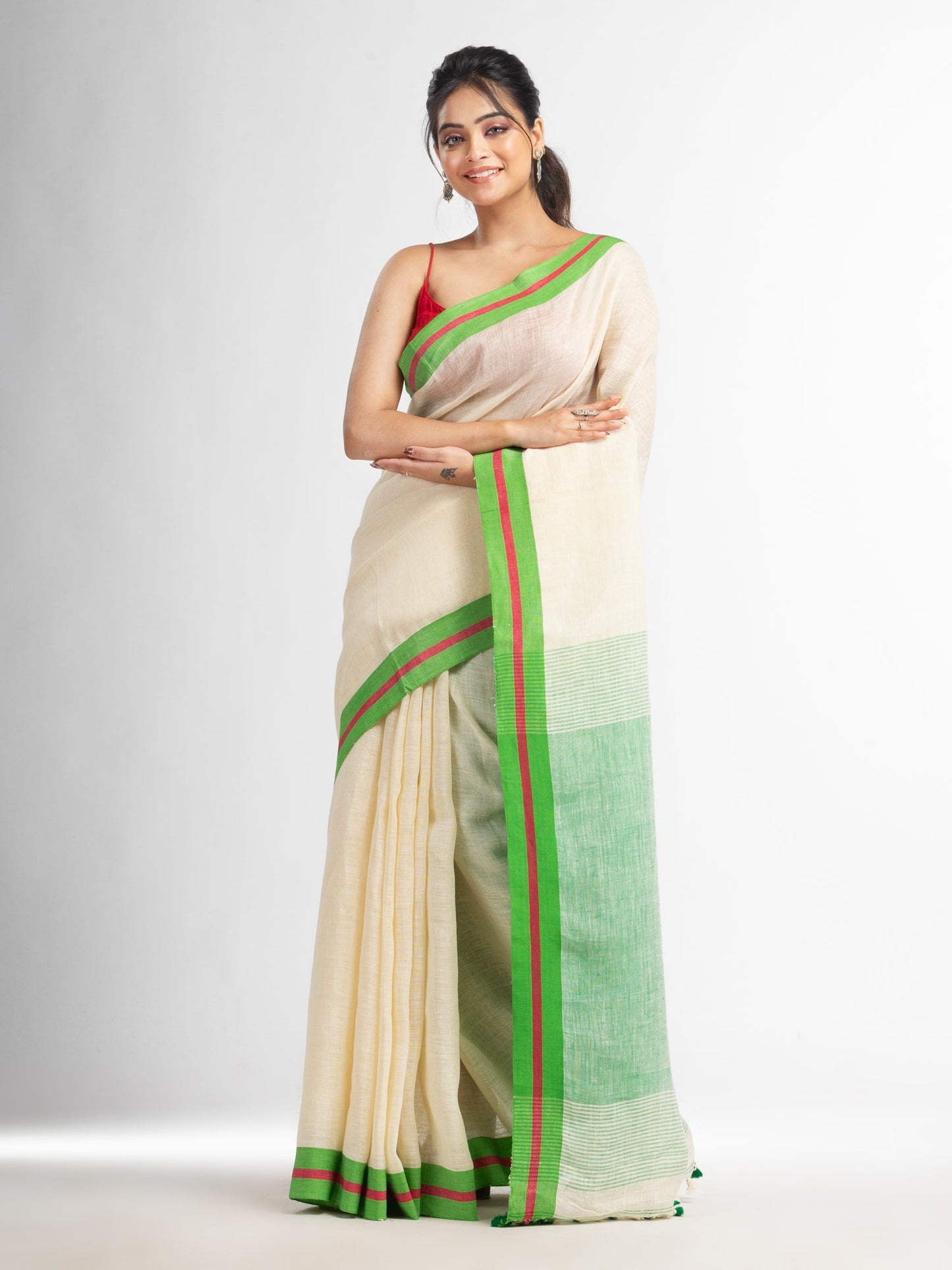 Women's Cream with green pallu in multi colour boeder handwoven linen saree
