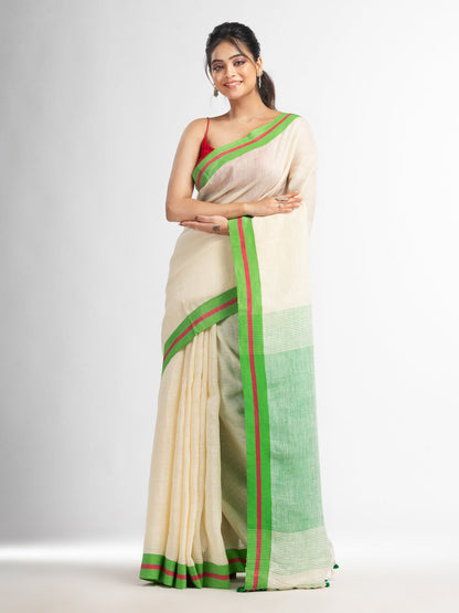Women's Cream with green pallu in multi colour boeder handwoven linen saree