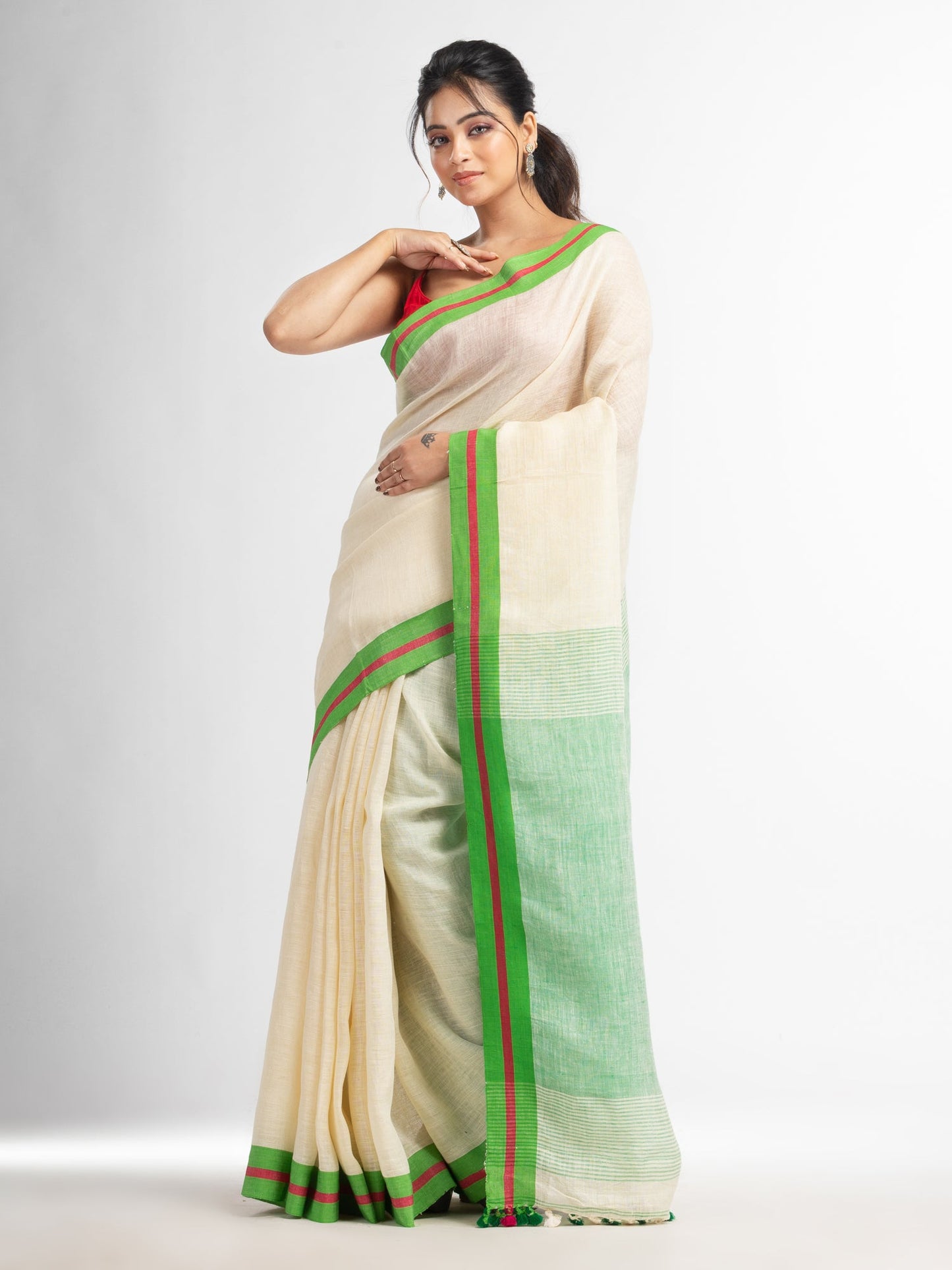Women's Cream with green pallu in multi colour boeder handwoven linen saree