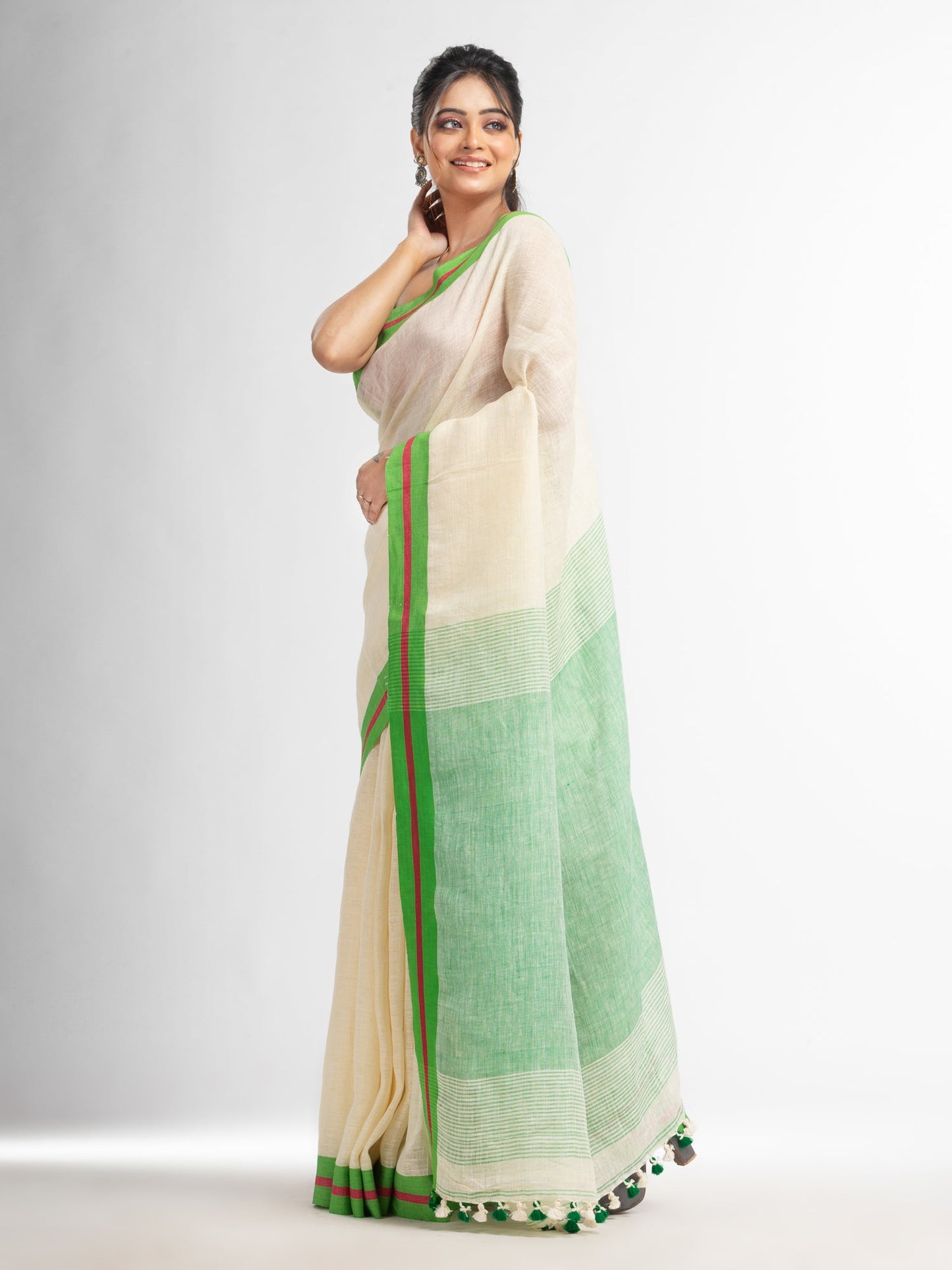 Women's Cream with green pallu in multi colour boeder handwoven linen saree