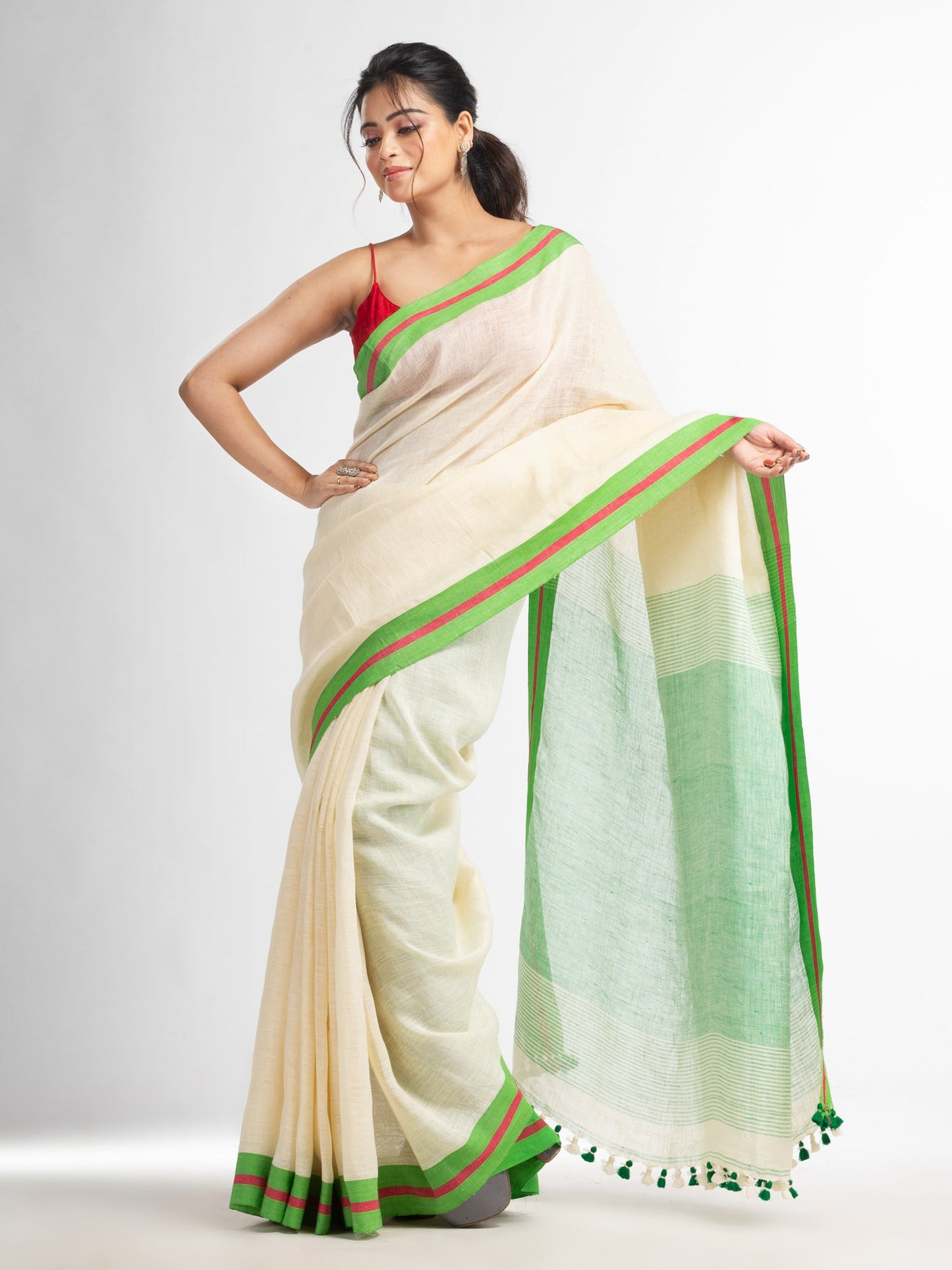 Women's Cream with green pallu in multi colour boeder handwoven linen saree