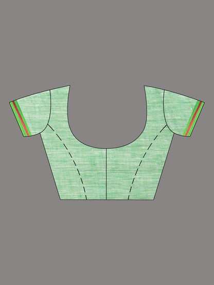 Women's Cream with green pallu in multi colour boeder handwoven linen saree