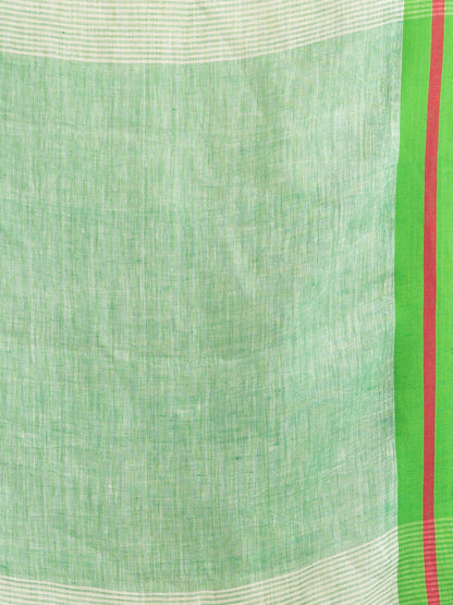 Women's Cream with green pallu in multi colour boeder handwoven linen saree
