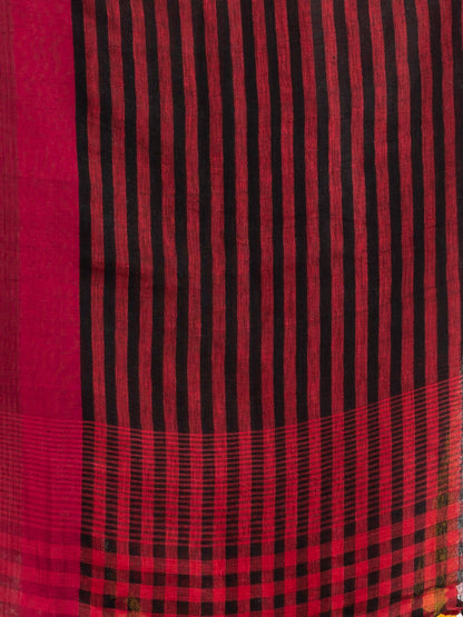 Women's Red and black gamchha check with black pallu in solitd border handwoven linen saree