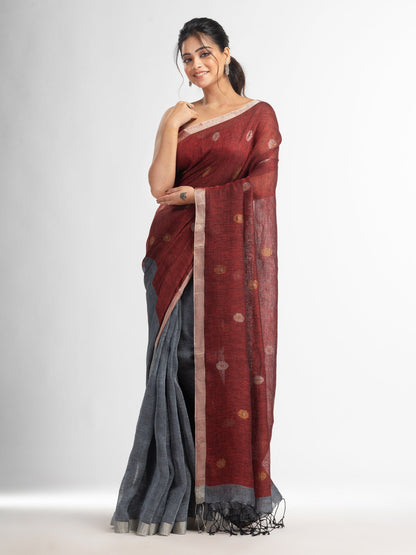 Women's Grey rust half and half with ball buti pallu in silver zari border handwoven linen saree