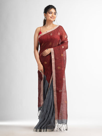 Women's Grey rust half and half with ball buti pallu in silver zari border handwoven linen saree