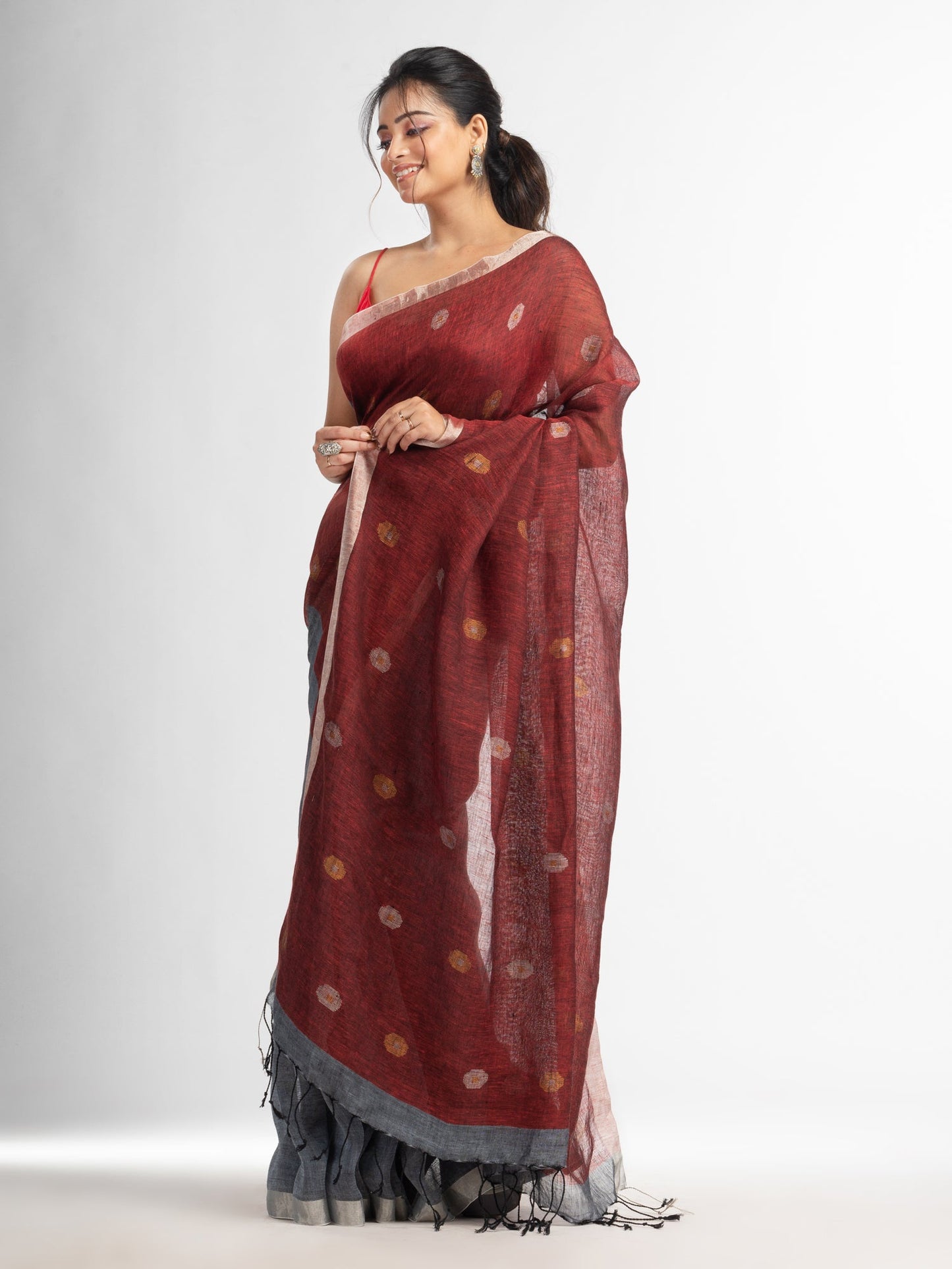 Women's Grey rust half and half with ball buti pallu in silver zari border handwoven linen saree
