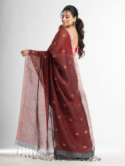 Women's Grey rust half and half with ball buti pallu in silver zari border handwoven linen saree