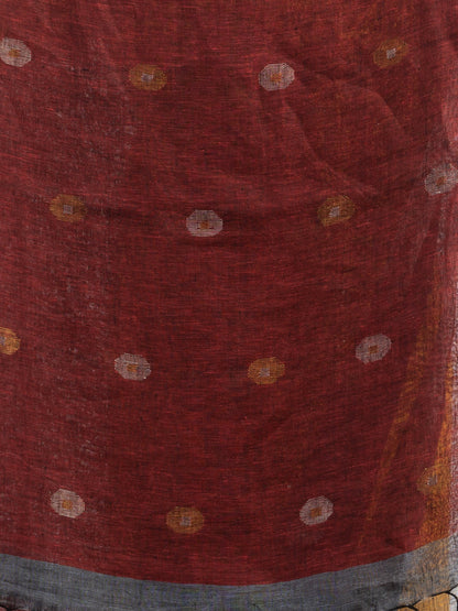 Women's Grey rust half and half with ball buti pallu in silver zari border handwoven linen saree